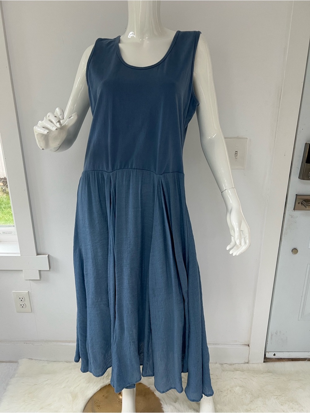 cotton Blue Sleeveless Midi Dress cottage core size Large